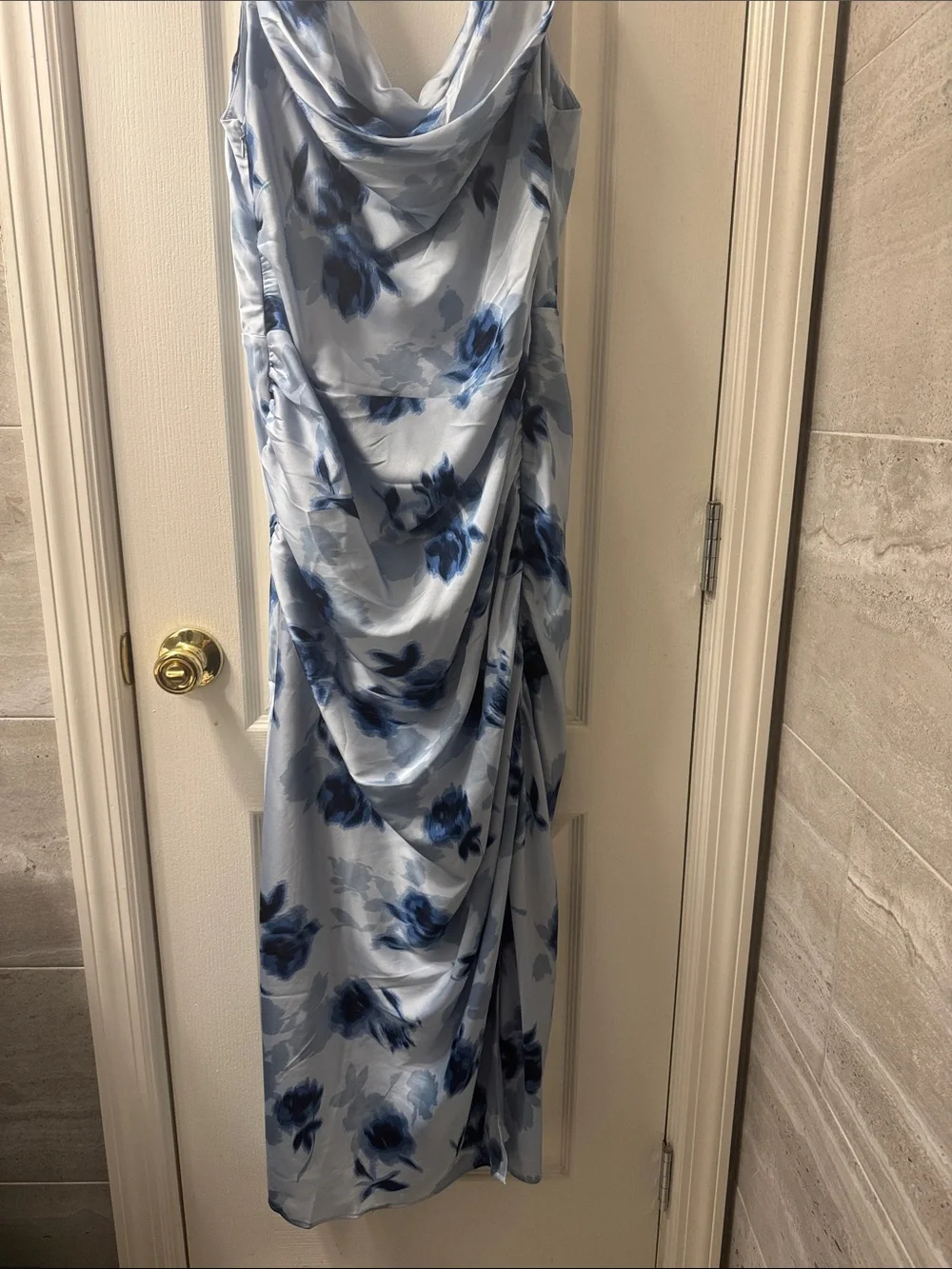 Light Blue Floral Draped Cowl Neck Maxi Dress With Slit On The Side